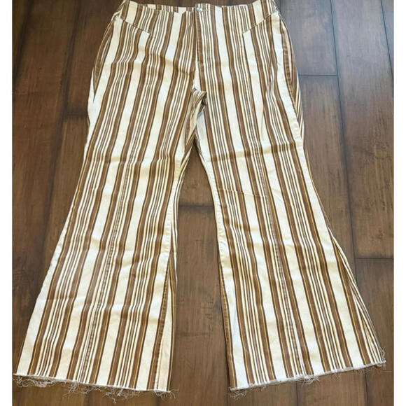 Free People Denim - Free People Womens‎ CRVY Flare Jeans Wild Honey Ivory Combo Striped Pants 35x31